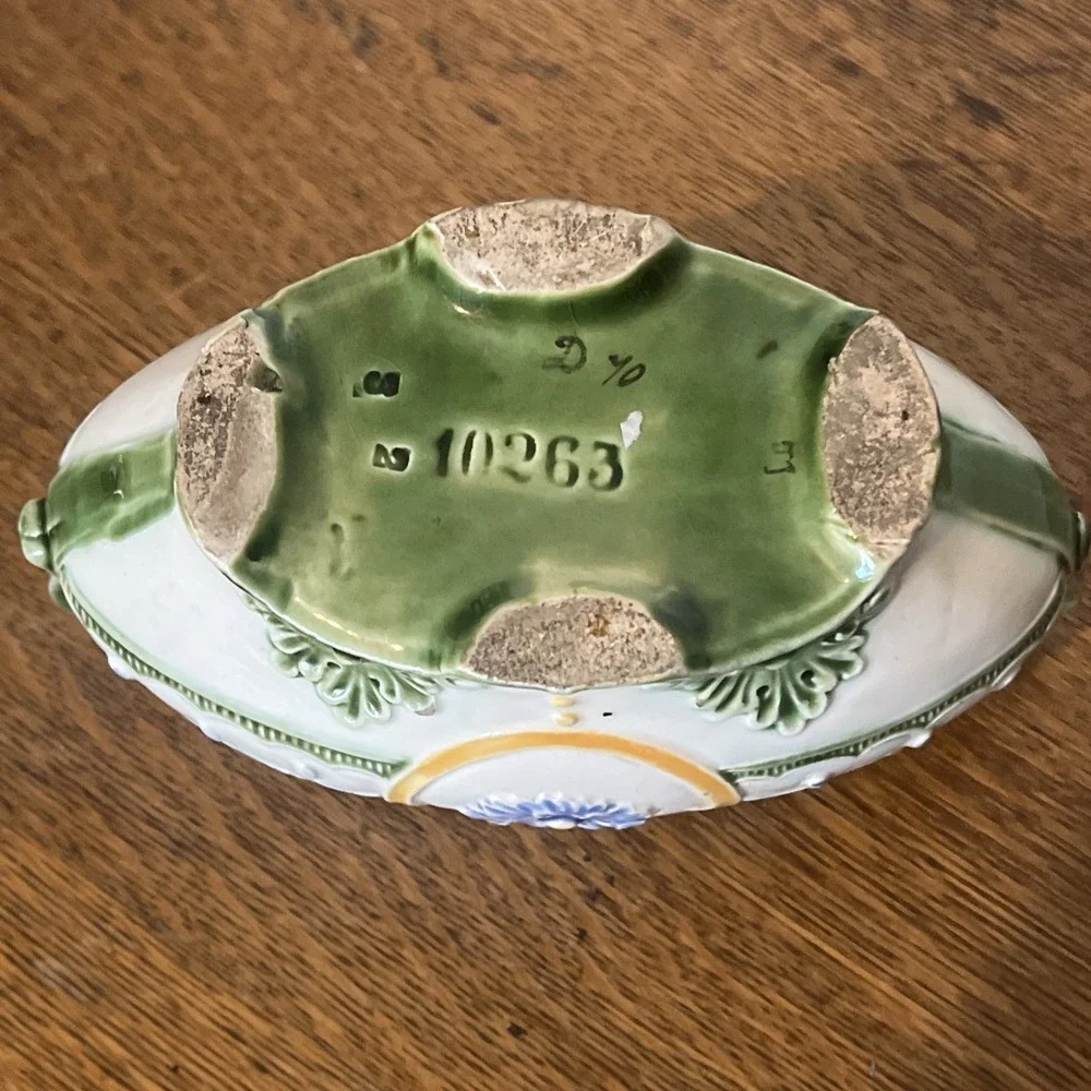 Antique Green/Lavender Majolica Art Nouveau Jardinière Floral 6” x 3” ~Hairline
